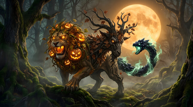 AI-generated premium Halloween fantasy: Chimera with pumpkin-vine lion head, haunted-tree goat head, black-crystal serpent head, green ghost fire, harvest moon, enchanted forest, cinematic realism