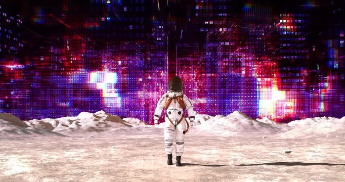 Astronaut walking on alien terrain towards bright holographic wireframe skyscraper skyline. Abstract Digital Space City Concept.