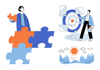 Fototapeta premium People solving puzzles and hitting targets vector illustration. Teamwork, problem solving, goal setting, business strategy, success, planning. Employees connecting pieces and aiming at bullseye