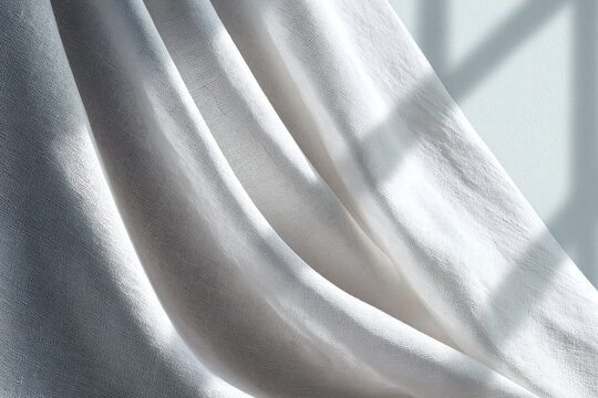 UV filtering textile concept. Soft white fabric curtain draped elegantly with natural light casting shadows on the wall behind in a bright indoor setting