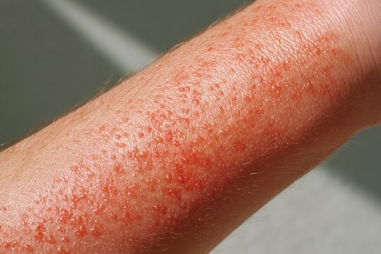 medical UV damage concept. dermatological care, UV exposure awareness . Close-up of human arm with skin irritation and red spots on surface