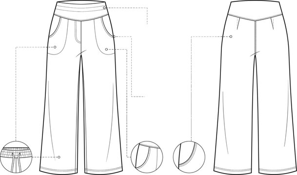 Technical flat sketch of womens wide leg pants with detail callouts for fashion tech packs