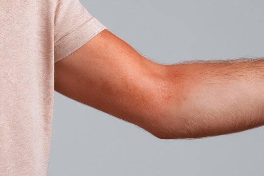 medical UV damage concept. dermatological care, UV exposure awareness . Close-up view of human arm showing skin irritation and redness on forearm
