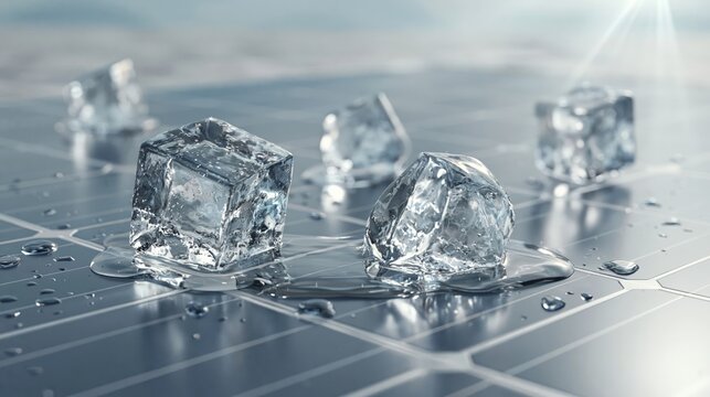 summer overheating prevention concept. Ice cubes melting on solar panel surface, reflecting light, showcasing renewable energy and cooling concept