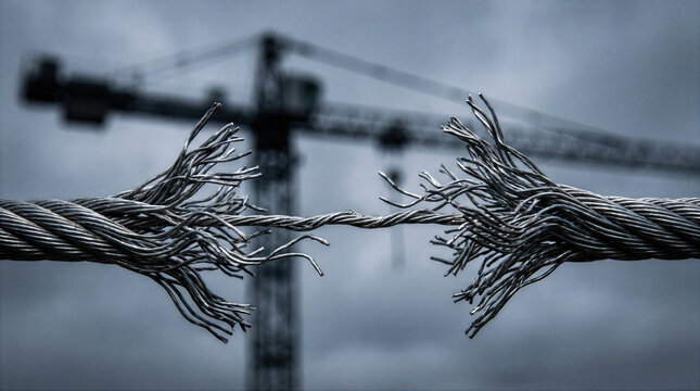 Steel wire rope frayed and about to snap under heavy tension, with a construction crane blurred in the background. Broken cable strands illustrate stress, risk and failure in industry.