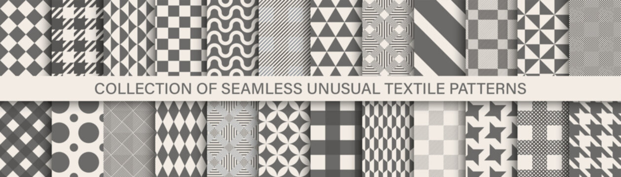 Collection of seamless geometric patterns in minimalist style. Elegant monochrome gray, white and cream textures set for repeatable unusual textile fabric print and modern wrapping paper vector