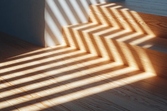 Shadows cast by blinds on wooden floor creating a striped pattern in a well-lit indoor space with natural light streaming through