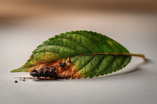 climate change ecosystem collapse. Leaf with gradient colors transitioning from green to brown and black, symbolizing decay and environmental change on a white background