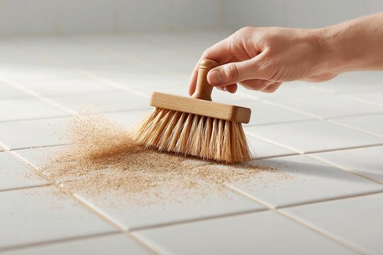 home hygiene concept after beach. Hand using wooden broom to sweep dust off tiled floor in bright indoor space with potted plant in background