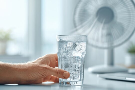 summer overheating prevention concept. refreshing summer mood. Hand reaching for a glass of cold water next to a fan in a bright indoor setting