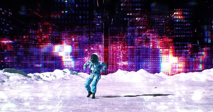Astronaut dancing on red planet landscape with glowing metaverse city background. Abstract Digital Space City Concept.
