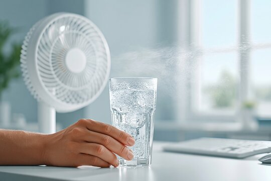 summer overheating prevention concept. refreshing summer mood. Hand reaching for a glass of cold water next to a fan in a bright indoor setting