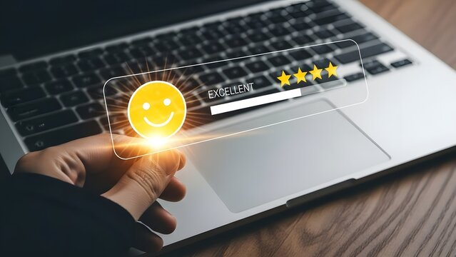 Customer feedback concept with five stars excellent rating shown on laptop screen held by a hand.