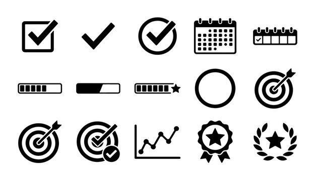 Productivity and goal achievement icon set, black business performance symbols, 15 vector elements for project management and progress tracking