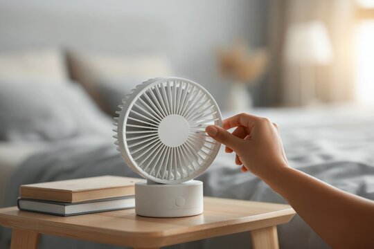 summer cooking cooling concept. Hand adjusting small white fan on wooden stool beside unmade bed with beige bedding and decorative plant in bright room