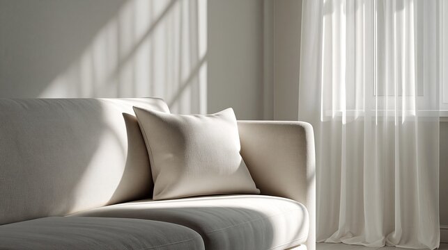 UV protection concept for home interiors. Modern beige sofa with cushions positioned near sheer curtains in bright, sunlit living room interior