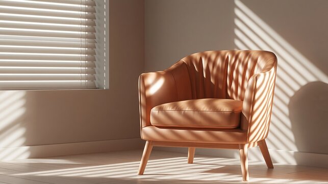 extreme heat and warm damage effect. Brown leather armchair positioned near window with blinds, sunlight casting shadows on the wall and floor in modern interior