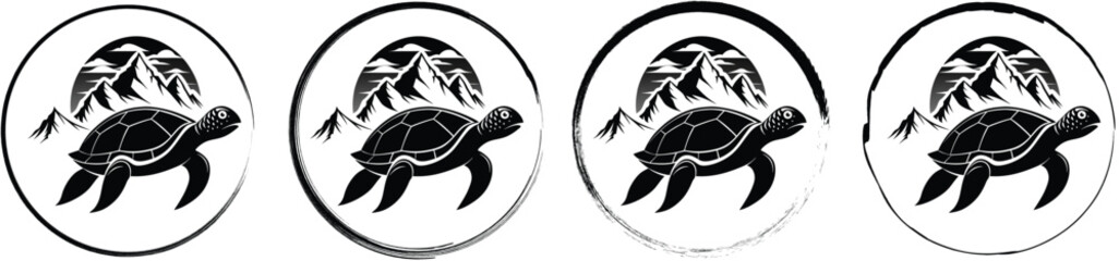 Fototapeta premium Four circular featuring a black silhouette of a turtle in front of mountains, each enclosed in a different circular border