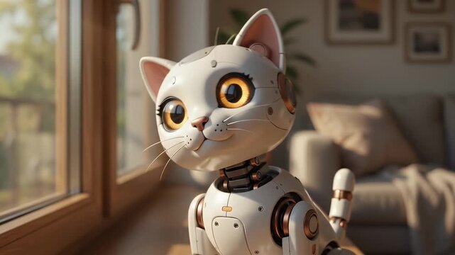 Cute robot cat with glowing eyes sitting on a wooden surface by a window, artificial intelligence pet concept