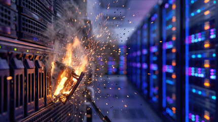 Obraz na płótnie Canvas Fire and sparks erupt from a burning server unit inside a modern data center corridor. Smoke and flames engulf the damaged hardware during a critical equipment failure and electrical disaster.
