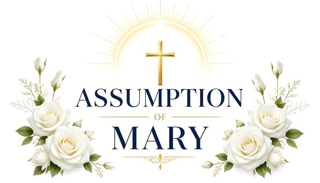 Assumption of mary religious graphic design with golden cross and white rose floral border assumption religion religious catholic christian spiritual ornamental background typography
