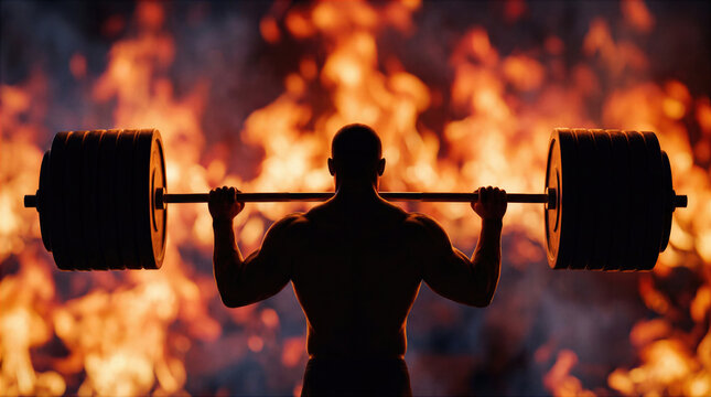 Muscular bodybuilder lifting a heavy barbell against a background of intense flames. Silhouette a strong athlete during a powerful weightlifting workout. Fitness, strength, and determination.