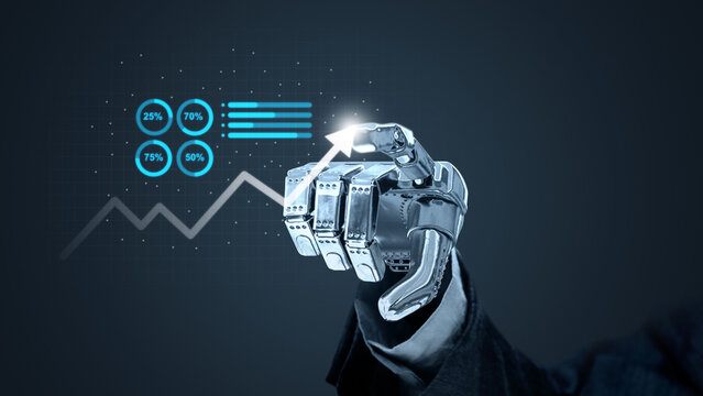 A robotic hand pointing at a digital business growth chart with percentages, symbolizing artificial intelligence, data analytics, and future business success. Concept of business growth or finance