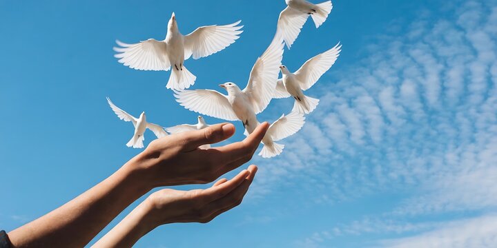 Hands releasing a flock of white pigeons flying towards the blue sky as a symbol of peace and freedom with releasing reception uplifting peaceful serenity environment interaction