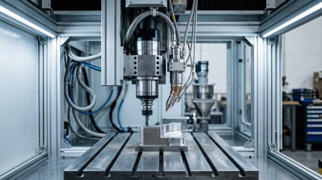 Hybrid manufacturing setup with CNC spindle, additive nozzle, powder feed system, precision build chamber, and steel worktable in an industrial test cell.