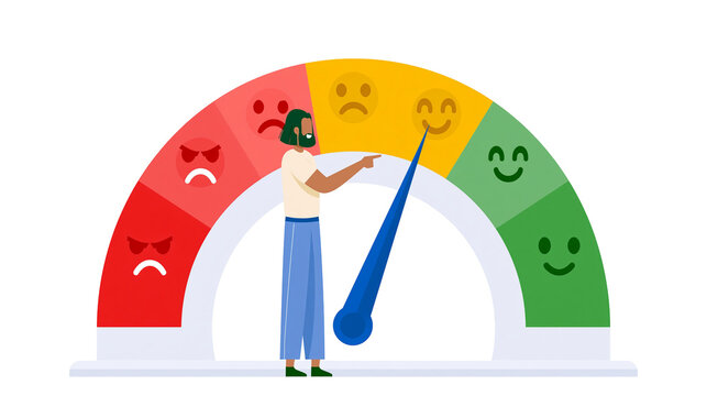Person pointing at happy smiley face on a colorful gauge, isolated on transparent background