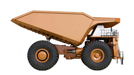 Large orange mining dump truck with massive tires, isolated on transparent background © Ozols