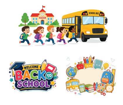 Happy children running to school bus with back to school icons