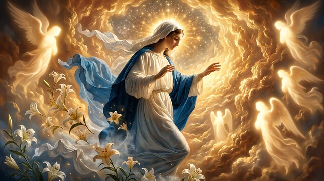 Religious depiction of the assumption of mary with ethereal angels and blooming white lilies in divine golden light assumption religion christianity catholic spirituality glorious