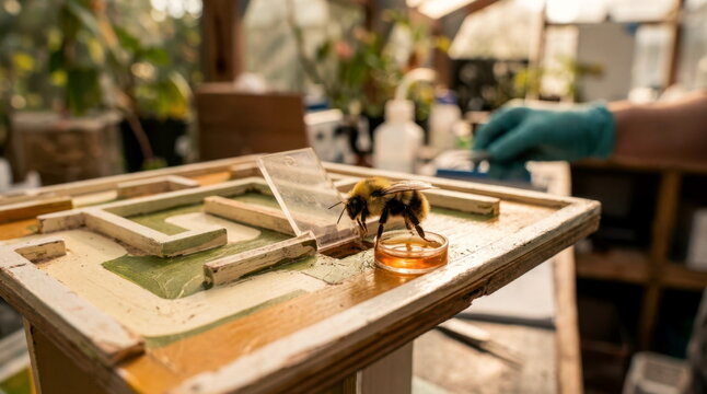 Bumblebee landing on a miniature maze platform with feeder dish and gloved hands in a greenhouse behavioral science experiment