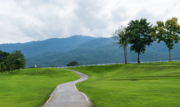 Winding paved path leading through a lush green meadow toward misty mountains, with trees and a white fence along the way.