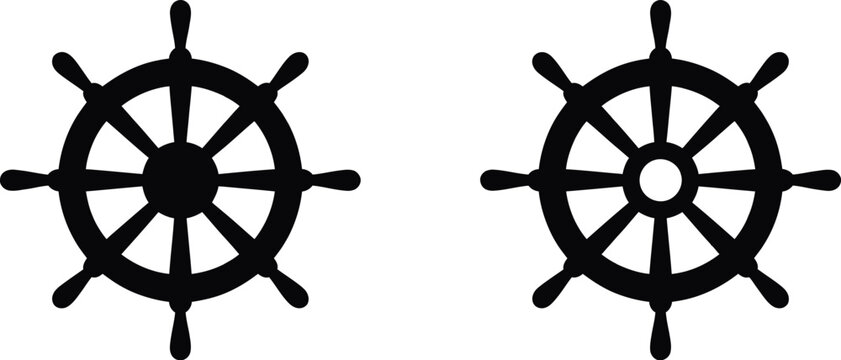 Ship steering wheels vector illustration featuring two classic nautical helm wheels in black and white for maritime designs