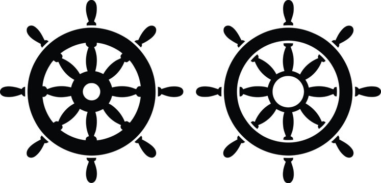Ship steering wheels vector illustration featuring two classic nautical helm wheels in black and white for maritime designs