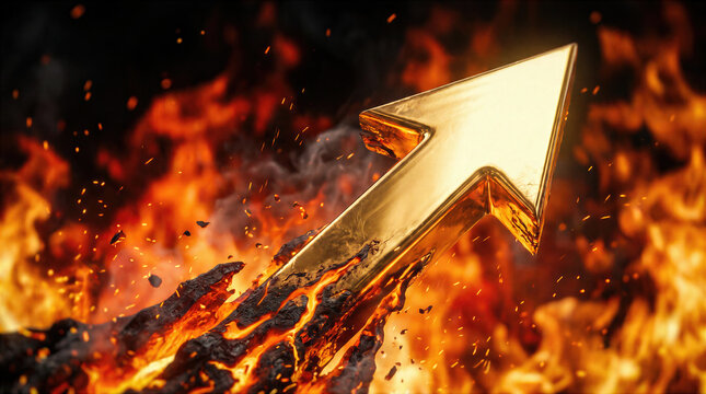 Golden arrow rising upward through intense fire and flames, symbolizing business growth and financial success. Strong economic increase and market progress toward wealth, profit and achievement.