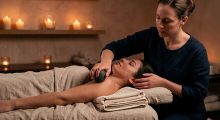 Fototapeta premium Manual therapist performs myofascial release on a client shoulder with a massage ball and towels in a serene spa treatment room.