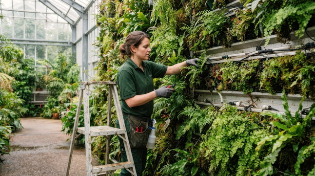 Horticulturist planting fern plugs in a perforated aluminum living wall inside a botanical conservatory with misting tubes, pruning snips, and step ladder