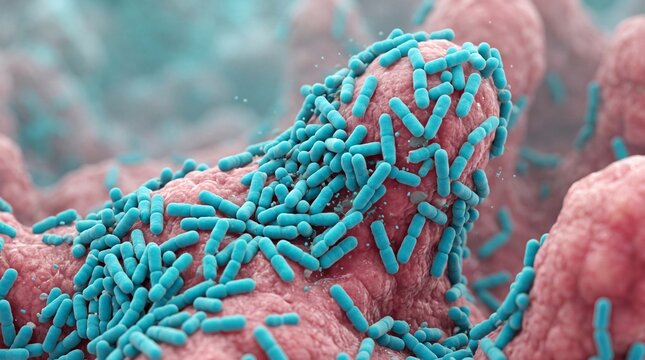 3D medical illustration showing blue probiotic bacteria colony attached to pink intestinal villi tissue for human gut microbiome science research and health concept