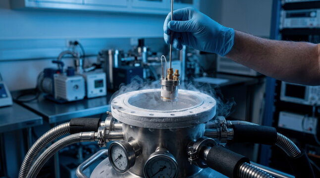 Cryogenic physics lab with frosted cryostat, vacuum lines, and gloved technician lowering a sealed sample holder for a low temperature experiment.