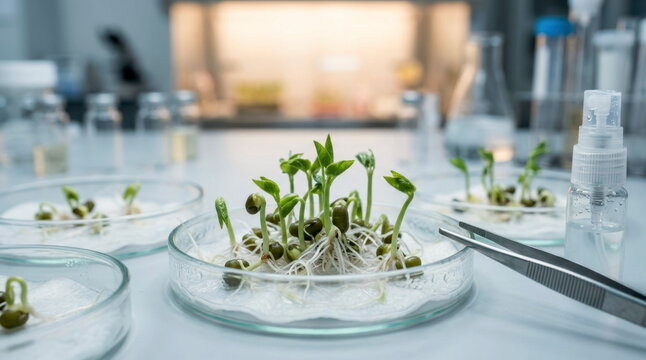 Mung bean seedlings germinating in petri dishes with roots, tweezers, mist bottle, and growth chamber glow