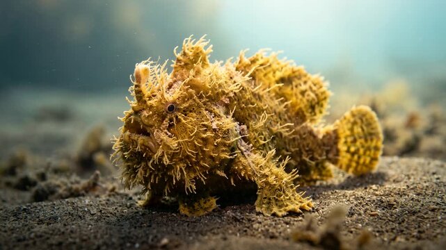hairy frogfish underwater close up at morning light in lembeh strait indonesia coral reef video