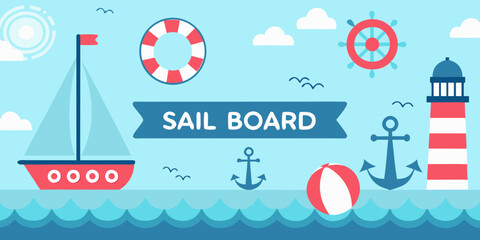 Nautical Illustration Featuring Sailboat Life Preserver And Lighthouse Elements © Minati