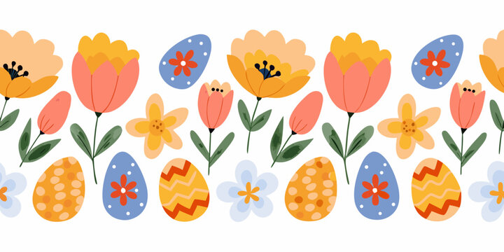 Floral and egg pattern with pastel colors on a white background
