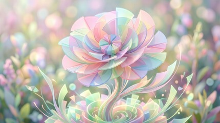 Fototapeta premium Abstract digital flower with colorful translucent petals. Pastel garden with soft bokeh in blurred background.