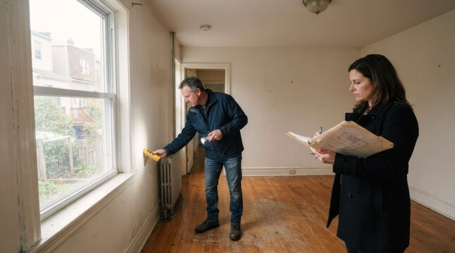 Vacant duplex living room inspection with moisture meter, flashlight, floor plan folder, open window light, scuffed hardwood, and neutral walls.