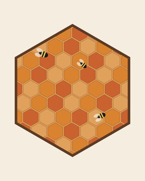 Flat vector illustration of a hexagonal honeycomb pattern with cute little honeybees crawling on it, isolated on a cream background.