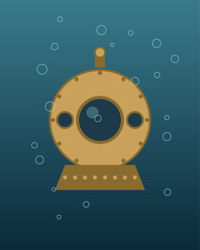 Flat vector illustration of a vintage golden submarine diving deep underwater with rising bubbles on a blue gradient background